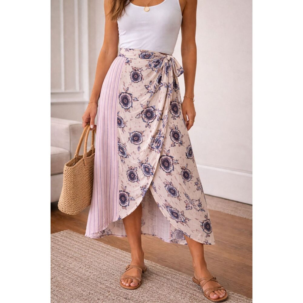 Crimson in Grace Boho Floral Wrap Midi Skirt Tie Waist Rayon M Cottagecore Flowy